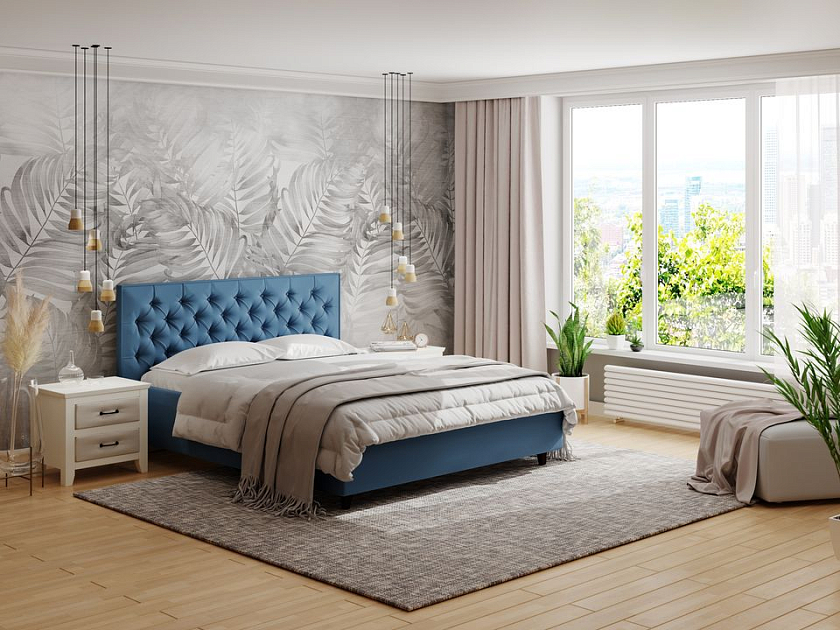 Кровать Teona 140x200 Ткань: Велюр Casa Лунный - Кровать с высоким изголовьем, украшенным благородной каретной пиковкой.